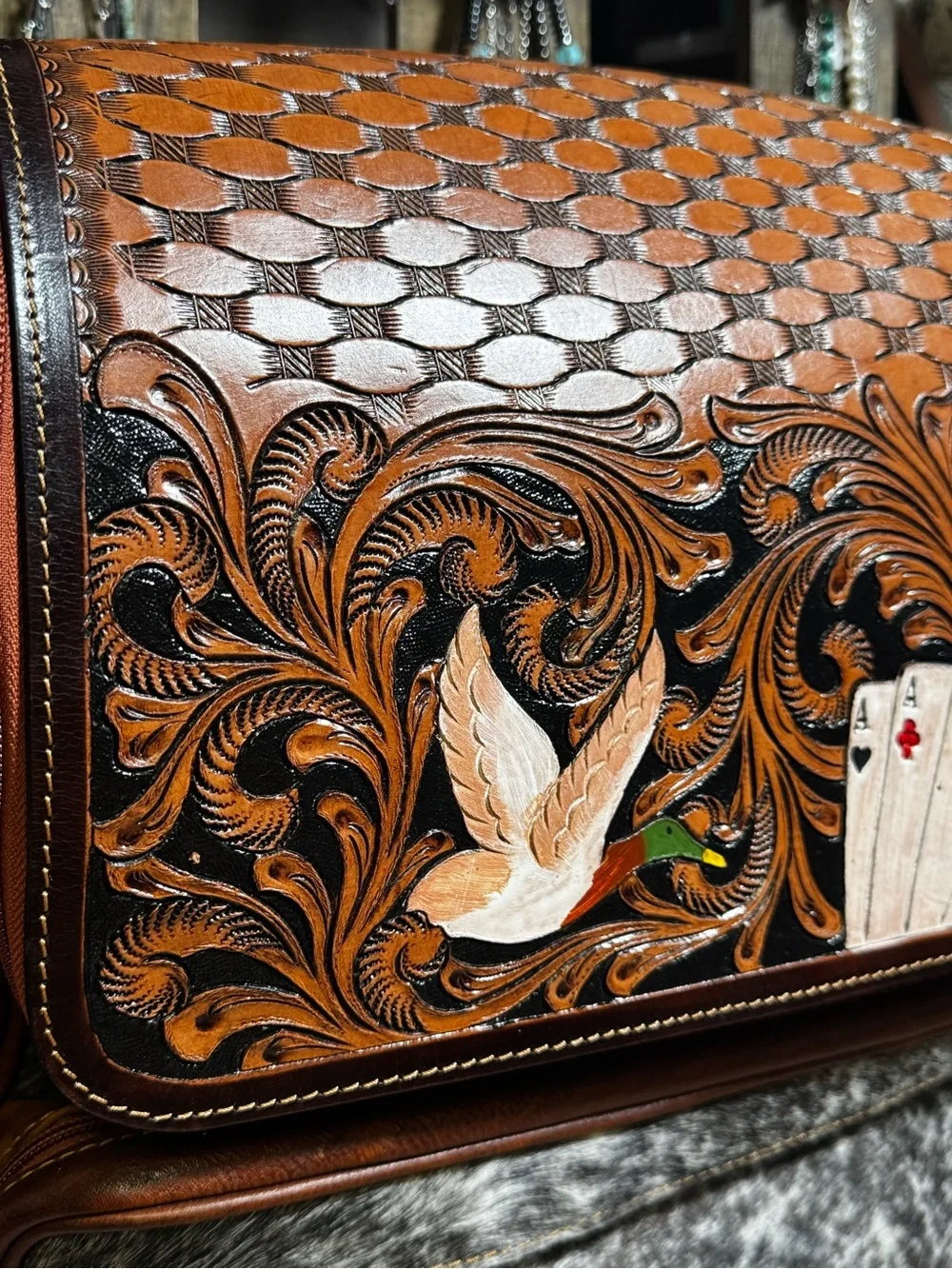 Genuine Handtooled Leather Cowhide New backpack Duck cards Western bag